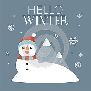 Hello winter typography with illustration of snowman and falling snow flakes