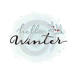 Hello winter vector calligraphy on digital blue stains