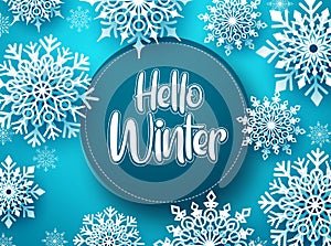 Hello winter vector greeting banner template. Snowflakes with hello winter text.