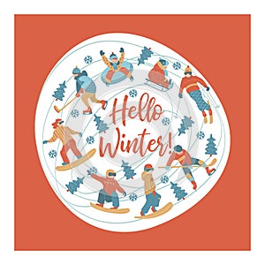 Hello winter. Vector illustration. A set of characters engaged in winter sports and recreation.