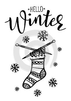 `Hello Winter` vector poster template with knitted sock
