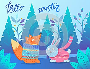 Hello Winter Cute Animal Fox and Rabbit in Forest