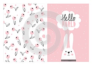 Hello World, White Cute Rabbit. Hand Drawn Baby Shower Vector Illustration Set.