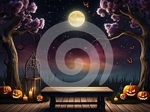 Helloween background. Scary Halloween background with a wooden sign. Generation Ai. Ai illustration generet.