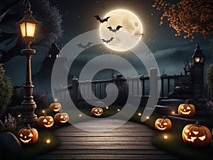 Helloween background. Scary Halloween background with a wooden sign. Generation Ai. Ai illustration generet.