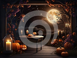 Helloween background. Scary Halloween background with a wooden sign. Generation Ai. Ai illustration generet.