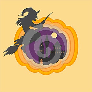 Helloween paper cut vector illustraion with haunted and scary castle