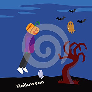 Helloween pumpkin man with bats in the night forest. cartoon illustration.