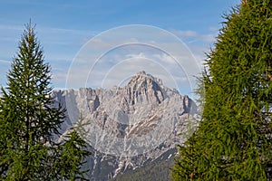 Helm - Scenic view of steep mount Haunold in majestic mountain range of untamed Sexten Dolomites