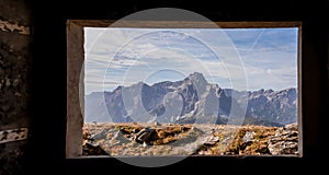 Helm - Scenic view from window of remains of military bunker of First World War, mount Helm (Monte Elmo)