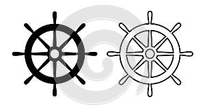Helm ship icon. Black steering isolated on white background. Rudder boat silhouette. Simple outline ship helm for design travel pr