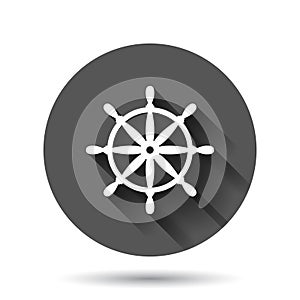 Helm wheel icon in flat style. Navigate steer vector illustration on black round background with long shadow effect. Ship drive