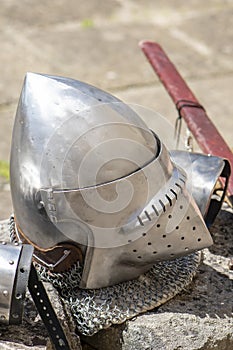 The helmet and armor of a medieval knight.