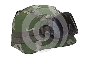 Helmet with camouflage cover and protective goggles