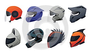 Helmet. Cartoon motorbike riding headgear. Safety equipment for motorcycle drivers. Head protection. Extreme racing tools.