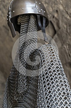Helmet, chainmail and sword