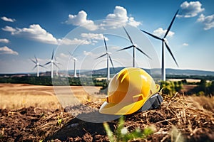 Helmet in construction site and wind Turbines Spinning Against Blue Sky,Harnessing Nature\'s Power for Electricity