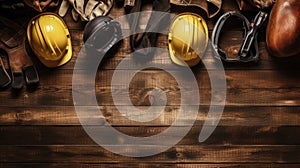 a Helmet of construction worker tools on brown wooden background with copy space, space for text design. Construction Banner.