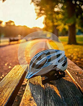 A helmet for cycling resting on a park bench in the early morning light