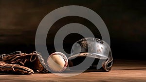 Helmet glove and old softball, close-up, with free space, idea for a banner. AI generated