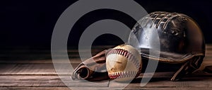 Helmet glove and old softball, close-up, with free space, idea for a banner. AI generated