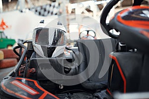 Helmet in go kart car closeup view, karting