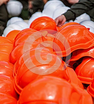 Helmet group for safety working in construction plants. Hard hat For safe at work. Teamwork of construction team must