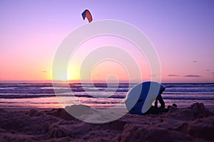 Helmet and kite surfer in the sea. sunset, beach of the Mediterranean Sea. Safety, Balance, extreme sports