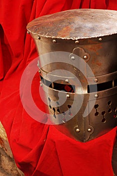 Helmet medieval armor red drapery