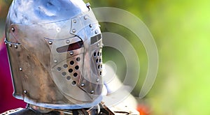 Helmet of a medieval knight. Close up