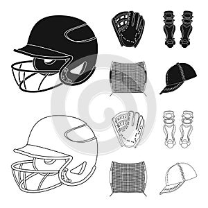 Helmet protective, knee pads and other accessories. Baseball set collection icons in black,outline style vector symbol