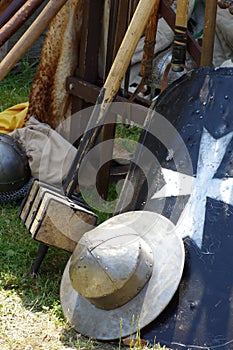 Helmet shield and cudgel historical weapons