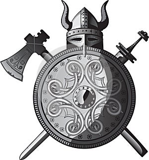 Helmet, sword, axe and Shield of Vikings