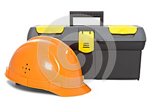 Helmet and toolbox isolated