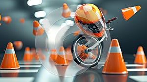 A helmet on a unicycle juggling traffic cones in a comical attempt to demonstrate the importance of wearing proper head