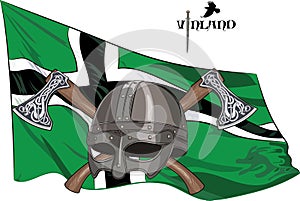 The helmet of a Viking crossed battle axes on the background of the flag of Vinland
