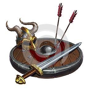 Helmet viking sword arrows shield armor isolate.