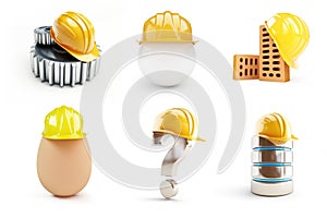 Helmet worker, gears, electronic database, question mark, egg helmet