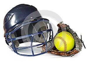 Helmet, Yellow Softball, and Glove