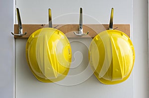 Helmets on coat hangers