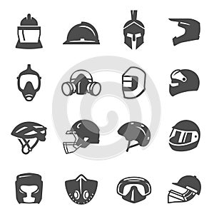 Helmets for sport, motorbike, bicycle, fencing, fire fighting and masks bold black silhouette icon set.