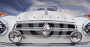 Borgward Isabella, front end of German classic car from 1950s with chrome grille and fog lights