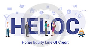 Heloc home equity line of credit concept with big word or text and team people with modern flat style - vector