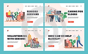 Help or Assistance to Aged Persons Landing Page Template Set. Caregiver Characters Care Elderly People Bring Food, Walk