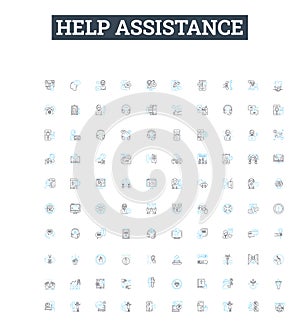 Help assistance vector line icons set. Aid, Assist, Support, Abet, Backing, Comfort, Facilitate illustration outline