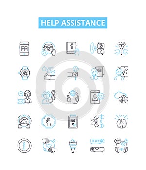 Help assistance vector line icons set. Aid, Assist, Support, Abet, Backing, Comfort, Facilitate illustration outline