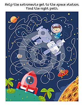 Help the astronauts get to the space station. Find the right way. Maze game, activity for kids. Vector illustration.
