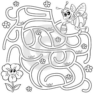 Help bee find path to flower. Labyrinth. Maze game for kids. Black and white vector illustration for coloring book