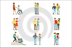Help and care for disabled people set for label design. Cartoon detailed colorful Illustrations