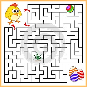 Help Chicken to find the right path to eggs, ball, grass. 3 entrances, 3 way. Square Maze Game with Solution. Answer